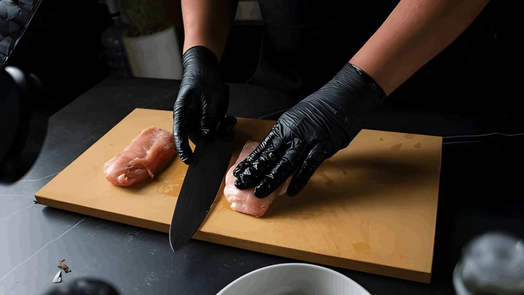 A butcher cutting chicken breast